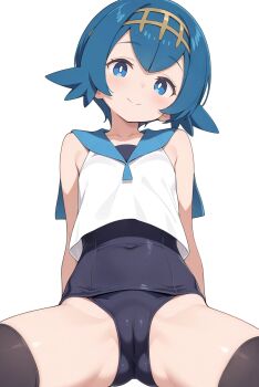 1girl arm_support armpit_crease black_one-piece_swimsuit black_thighhighs blue_eyes blue_sailor_collar breasts bright_pupils cameltoe cleft_of_venus covered_navel dot_nose double-parted_bangs groin hachi0571 hairband highres hip_bones lana_(pokemon) light_blush looking_at_viewer nintendo no_sclera one-piece_swimsuit pokemon pokemon_sm pussy sailor_collar school_swimsuit shirt short_hair sidelocks sitting sleeveless sleeveless_shirt small_breasts smile solo spread_legs swimsuit swimsuit_under_clothes thighhighs white_shirt