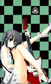 00s 1girl absurdres ankle_garter anklet ass bare_legs bare_shoulders black_eyes black_hair electric_guitar female_focus fender_(company) fender_mustang guitar high_heels highres instrument jewelry k-on! kagome_(traumatize) legs mustang mustang_(guitar) nakano_azusa open_mouth profile shoes sitting solo thighs twintails