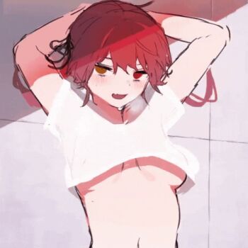 1girl animated animated_gif arms_behind_head blush bouncing bouncing_breasts breasts commentary crop_top crop_top_overhang heterochromia hololive houshou_marine jumping large_breasts long_hair looking_at_viewer lowres navel open_mouth pomesaurus red_eyes see-through_clothes see-through_shirt shirt simple_background smile solo symbol-only_commentary third-party_source underboob virtual_youtuber white_shirt