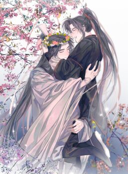 2boys absurdres ahoge bishounen black_boots black_hair black_hanfu blurry boots branch carrying carrying_person cherry_blossoms chinese_clothes closed_eyes closed_mouth couple flower grey_pants hair_ornament hair_ribbon hand_on_another&#039;s_back hand_on_another&#039;s_head hanfu hat head_wreath high_ponytail highres hug lan_wangji laughing leaf long_hair long_sleeves male_focus modao_zushi multiple_boys open_mouth pants pink_flower ponytail profile red_ribbon ribbon robe sidelocks smile standing topknot tree very_long_hair watermark wei_wuxian weibo_watermark white_flower white_hanfu wide_sleeves xiao_guan_(headdress) xue_ding_ka_fei_du_wei yaoi