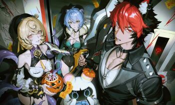 1boy 1other 2girls 3girls accessories animal_ear_fluff animal_ears asymmetrical_shorts bangboo_(zenless_zone_zero) bare_shoulders black_bow black_gloves black_hair black_hat black_jacket black_unitard blonde_hair blood blood_on_wall blue_hair body_fur book bow breasts bucket choker closed_mouth collar collarbone commentary_request detached_sleeves dog_boy dog_ears ear_piercing earrings elevator eyeball fingerless_gloves from_above garter_straps gloves goat_ears goat_girl goat_horns grin guest_art hair_between_eyes halloween_bucket hat high-waist_shorts holding holding_book holding_bucket holding_sword holding_weapon hood horns iamthekingofegg indoors jacket jewelry key key_choker komano_manato large_breasts looking_at_viewer lucia_elowen medallion medium_breasts miss_esme_(zenless_zone_zero) mole mole_under_mouth monster_girl multicolored_hair multiple_girls muscular muscular_male necklace ofuda pectorals piercing pointy_ears pumpkin purple_eyes purple_nails red_eyes red_hair ribbon scar scar_across_eye scar_on_face scylla shirt short_hair shorts single_bare_shoulder single_garter_strap single_sleeve single_thighhigh smile spiked_jacket sword tentacle_girl tentacle_tail tentacles thighhighs weapon white_shirt yellow_eyes yellow_ribbon yidhari_murphy zenless_zone_zero