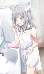 Rule 34 | 1girl, animal ear fluff, animal ears, blue archive, blue eyes, blush, camisole, closed mouth, collarbone, cup, extra ears, faucet, fingernails, floor, grey hair, highres, holding, holding toothbrush, indoors, kuu (user gngs5284), medium hair, mismatched pupils, shiroko (blue archive), solo, toothbrush, white camisole, wolf ears
