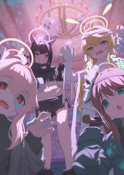 Rule 34 | 4girls, absurdres, airi (blue archive), airi (halloween) (blue archive), animal ears, applepie (12711019), bandages, bikini, black bikini, black gloves, black hair, black shirt, black socks, black sweater, black tank top, blonde hair, blue archive, blush, brown hair, cat ears, cat girl, colored inner animal ears, colored inner hair, cosplay, elbow gloves, frankenstein's monster, frankenstein's monster (cosplay), from below, fur trim, gloves, green eyes, green jacket, hair between eyes, halloween costume, highres, jacket, jason voorhees, jason voorhees (cosplay), kazusa (blue archive), kazusa (halloween) (blue archive), long hair, looking at viewer, multicolored hair, multiple girls, mummy costume, naked bandage, natsu (blue archive), natsu (halloween) (blue archive), open mouth, paw pose, pink eyes, pink hair, shirt, sidelocks, socks, sweater, swimsuit, tank top, yellow eyes, yoshimi (blue archive), yoshimi (halloween) (blue archive)