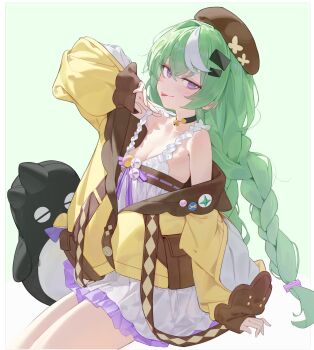 1girl :p absurdres arm_support bare_shoulders bell beret black_choker black_dress blush braid braided_ponytail breasts brown_hat choker cleavage closed_mouth collarbone commentary dress frilled_dress frills gjz1227 green_hair hair_between_eyes hair_ornament hand_up hat highres jacket long_hair long_sleeves looking_at_viewer multicolored_hair nazuna_(stella_sora) neck_bell off_shoulder pouch purple_eyes ribbon-trimmed_dress ribbon_trim sidelocks simple_background sitting sleeves_past_wrists small_breasts solo stella_sora streaked_hair stuffed_animal stuffed_penguin stuffed_toy tongue tongue_out twin_braids very_long_hair white_background white_streaks yellow_jacket