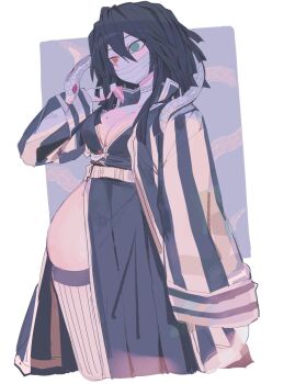 1girl animal animal_around_neck bandage_on_face bandages bandages_over_mouth belt black_hair breasts cleavage commentary_request covered_mouth cowboy_shot demon_slayer_uniform genderswap genderswap_(mtf) green_eyes haori heterochromia highres iguro_obanai japanese_clothes kimetsu_no_yaiba kishimen_hair large_breasts long_hair long_sleeves mole mole_on_breast orange_eyes side_slit simple_background sketch snake snake_wrapped_around_neck striped_clothes striped_haori striped_thighhighs thighhighs usa37107692 vertical-striped_clothes vertical-striped_thighhighs white_belt white_snake white_thighhighs