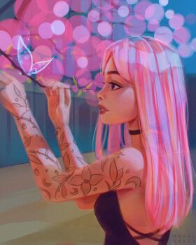 1girl angel_ganev arm_tattoo artist_name bare_arms bare_shoulders black_choker blue_sky branch brown_eyes bug building butterfly cherry_blossoms choker commentary english_commentary film_grain flower_tattoo from_side hands_up highres holding holding_branch insect light_particles lips long_hair looking_ahead original outdoors parted_bangs parted_lips pink_hair profile realistic shirt simple_background sky sleeveless sleeveless_shirt smile solo straight_hair tattoo thick_eyebrows tree upper_body