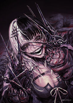 1girl absurdres artist_name baloolax black_coat black_dress black_hair blood blood_on_ground breasts chest_belt cleavage coat commentary corpse darkness dress english_commentary fur_coat glasgow_smile hair_ornament highres hololive hololive_english horror_(theme) large_breasts looking_at_viewer makeup medium_hair multicolored_hair open_mouth ribbon runny_makeup scissors sharp_teeth shiori_novella shiori_novella_(1st_costume) smile solo_focus split-color_hair teeth twitter_username two-tone_hair virtual_youtuber white_background white_hair white_ribbon yellow_eyes