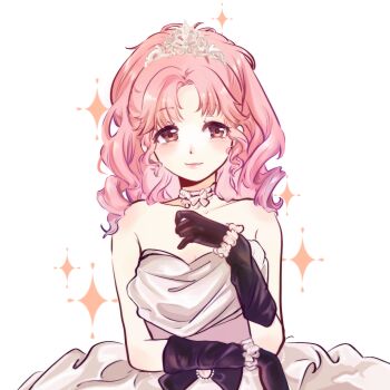 Rule 34 | 1girl, bare shoulders, black gloves, bow, bow choker, bowtie, bracelet, breasts, brown eyes, bubble skirt, chinese commentary, choker, cleavage, closed mouth, commentary request, cowboy shot, dot nose, dress, drill hair, eyelashes, flower, flower bracelet, gloves, hand on own chest, hand on own elbow, happy, highres, jewelry, light blush, lipstick, long hair, looking at viewer, makeup, nikki (nikki), nikki (series), parted bangs, pink hair, pink lips, shining nikki, sidelocks, silky sweet dream (shining nikki), simple background, skirt, smile, solo, sparkle, standing, straight-on, strapless, strapless dress, tiara, white background, white bow, white bowtie, white choker, white dress, white flower, zhenzi jiang