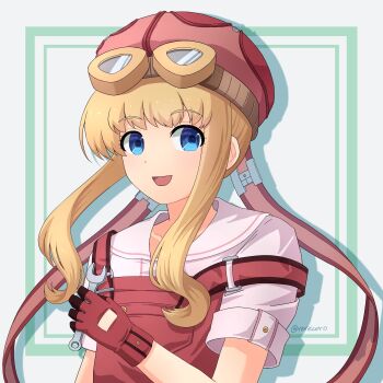 1girl absurdres blonde_hair eiyuu_densetsu goggles goggles_on_head goggles_on_headwear highres holding holding_wrench naked_skirt open_mouth overalls pink_shorts red_overalls rerecoro shorts simple_background skirt smile sora_no_kiseki tita_russell tool_belt toolbox tools wrench