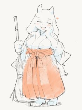 1girl ^_^ alternate_costume animal_feet animal_hands bamboo barefoot blush body_fur breasts broom claws clenched_hand closed_eyes clothing_cutout facing_viewer fangs feet female_focus full_body furry furry_female goat_girl goat_horns goat_tail hakama hakama_skirt hand_on_own_cheek hand_on_own_face hands_up happy heart highres hip_vent holding holding_broom horns japanese_clothes kame_(3t) kimono large_breasts long_sleeves mature_female miko monochrome open_mouth orange_hakama raised_eyebrows simple_background sketch skin_fangs skirt small_horns smile solo standing tail toriel undertale utdr_(toby_fox) white_background white_fur white_horns white_kimono wide_sleeves