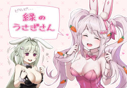 Rule 34 | 2girls, alice (nikke), alice (wonderland bunny) (nikke), animal ears, black bow, black bowtie, black leotard, bow, bowtie, breasts, carrot hair ornament, cleavage, commentary request, detached collar, fake animal ears, food-themed hair ornament, goddess of victory: nikke, grey hair, hair ornament, highres, large breasts, leotard, multiple girls, open mouth, pink bow, pink bowtie, pink leotard, playboy bunny, rabbit ears, round teeth, sawasa, soda (nikke), soda (twinkling bunny) (nikke), strapless, strapless leotard, teeth, translation request, twintails, upper teeth only, wrist cuffs