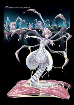 2024 5girls 6+others :d absurdres alien_(series) apron arthropod_girl arthropod_limbs arthropod_tail artist_name bare_shoulders black_background bra breasts cleavage copyright_name cropped_shirt dated egg facehugger full_body hat highres kinkinsann long_hair looking_at_viewer looking_up medium_breasts medium_hair monster_girl multiple_girls multiple_others navel nurse_cap one_eye_covered open_mouth outstretched_arm personification pink_eyes pink_hair slime_(substance) slimy smile stomach taur underwear upper_body white_apron white_bra wrist_cuffs