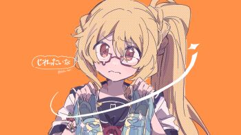 Rule 34 | 1girl, 3:, black sailor collar, blonde hair, blue shoes, closed mouth, commentary request, dot nose, hair between eyes, highres, holding, holding shoes, holding unworn clothes, long hair, looking at viewer, magia record: mahou shoujo madoka magica gaiden, mahou shoujo madoka magica, orange background, portrait, red-framed eyewear, red eyes, sailor collar, semi-rimless eyewear, serizawa serizane, shirt, shoes, short sleeves, side ponytail, simple background, solo, teardrop-framed glasses, togame momoko, under-rim eyewear, unworn shoes, white shirt