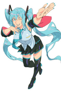 1girl absurdres aqua_eyes aqua_hair aqua_nails aqua_necktie aqua_shirt arms_up black_skirt black_thighhighs blush boots breasts detached_sleeves hair_ornament hatsune_miku high_heels highres large_breasts long_hair long_sleeves medium_breasts nail_polish necktie one_eye_closed open_mouth pleated_skirt ruukii_drift shirt simple_background skirt sleeveless sleeveless_shirt solo thigh_boots thighhighs twintails very_long_hair vocaloid white_background