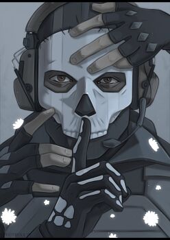 Rule 34 | 1boy, absurdres, arm up, balaclava, black gloves, black shirt, bulletproof vest, call of duty, call of duty: modern warfare 2, collared shirt, commentary, english commentary, fingerless gloves, ghost (modern warfare 2), gloves, grey background, grey eyes, hand on another's face, headphones, headset, highres, index finger raised, letterboxed, looking at viewer, male focus, out of frame, shirt, simple background, solo focus, spiritusnocte, twitter username, upper body