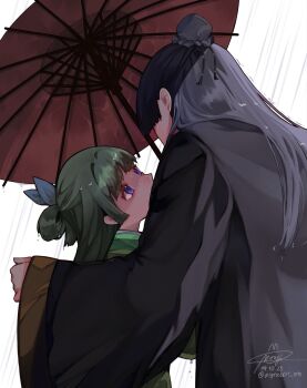 1boy 1girl arm_around_shoulder black_robe blue_eyes blue_ribbon bun_cover chinese_clothes dated freckles green_hair green_shirt hair_bun hair_ribbon half_updo highres holding holding_umbrella jinshi_(kusuriya_no_hitorigoto) kusuriya_no_hitorigoto looking_at_another maomao_(kusuriya_no_hitorigoto) oil-paper_umbrella pigrabbit_mtz purple_hair rain ribbon robe shirt signature twitter_username umbrella upper_body wide_sleeves