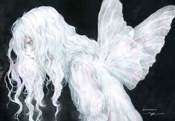 1girl black_background butterfly_wings commentary_request dress expressionless insect_wings long_hair looking_to_the_side original painting_(medium) profile ringo_komachi solo traditional_media upper_body watercolor_(medium) white_dress white_eyes white_hair white_wings wings