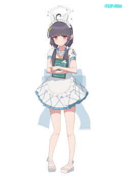 1girl ahoge alternate_costume alternate_hairstyle animal_ears apron black_hair blue_archive blue_sailor_collar blush chinese_commentary commentary_request crossed_arms enmaided fake_animal_ears frilled_apron frills full_body grey_halo halo highres holding holding_menu leaf leaf_on_head lemon_tea_(15058751917) long_hair looking_at_viewer low_twintails maid maid_apron maid_headdress menu miyu_(blue_archive) neckerchief orange_neckerchief platform_sandals rabbit_ears red_eyes sailor_collar sandals short_sleeves simple_background skirt solo standing twintails white_apron white_background white_skirt