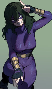 1girl absurdres belt black_gloves bodysuit boku_no_hero_academia boots bracer breasts eye_mask fingerless_gloves gloves green_background green_hair hair_between_eyes highres large_breasts long_hair looking_at_viewer mask ratatatat74 sharp_teeth simple_background sitting smile solo teeth tokage_setsuna