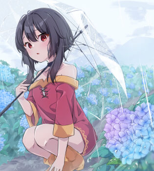 1girl absurdres artist_name bare_shoulders black_choker black_hair blue_flower blush boots breasts choker commentary dress flower full_body hair_between_eyes highres holding holding_umbrella hydrangea kono_subarashii_sekai_ni_shukufuku_wo! looking_at_viewer megumin nut_megu off_shoulder outdoors overcast parted_lips path rain raised_eyebrows red_dress red_eyes road rubber_boots short_hair short_hair_with_long_locks sidelocks signature sky small_breasts solo squatting transparent transparent_umbrella umbrella water_drop yellow_boots