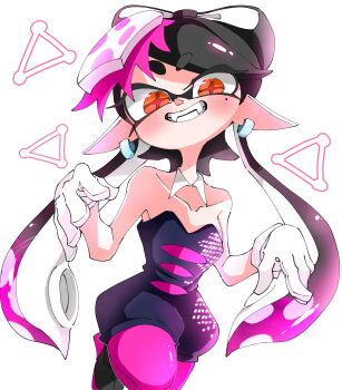 Rule 34 | + +, 1girl, bare shoulders, black boots, black hair, black jumpsuit, blush, boots, bow-shaped hair, breasts, callie (splatoon), callie (squid sisters outfit) (splatoon), cephalopod eyes, collarbone, cross-shaped pupils, detached collar, earrings, fangs, gloves, gradient hair, grin, hat, inkling, jewelry, jumpsuit, looking at viewer, mole, mole under eye, multicolored hair, nintendo, orange eyes, pantyhose, pink hair, pink hat, pink pantyhose, pointy ears, puriamaotaku, sleeveless, small breasts, smile, splatoon (series), squid girl, standing, standing on one leg, suction cups, symbol-shaped pupils, teeth, tentacle hair, twintails, two-tone hair, white background, white gloves, white hair