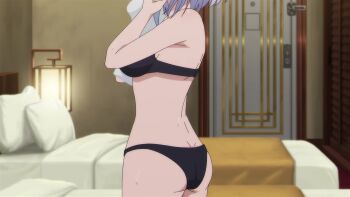 1girl animated ass bedroom black_bra black_panties blue_eyes bra breasts butt_crack cleavage close-up closed_eyes drying drying_hair from_side highres large_breasts legs lilithea mata_korosarete_shimatta_nodesune_tantei-sama panties seductive_gaze short_hair sideboob solo tagme thighs towel underwear video wet