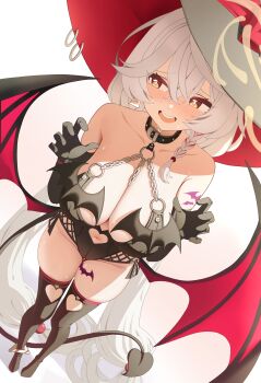 1girl :d absurdres bat_tattoo black_choker black_tail black_wings blue_archive blush braid breasts choker cleavage collar collarbone demon_girl demon_tail demon_wings embarrassed eri_(blue_archive) halo hashtag-only_commentary hat highres large_breasts long_hair low_wings navel od_sey official_alternate_costume open_mouth red_wings side_halo single_braid smile solo tail tattoo teeth tilted_halo upper_teeth_only very_long_hair white_hair wings witch_hat yellow_halo