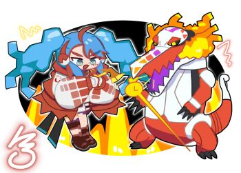 Rule 34 | 1girl, :3, aqua eyes, aqua hair, black sclera, chibi, claws, colored sclera, commentary request, fire, fire miku (project voltage), gloves, hatsune miku, holding, long hair, long sleeves, multicolored hair, nintendo, open mouth, orange pupils, outline, pokemon, pokemon (creature), project voltage, rearing, red hair, skeledirge, smile, sorin, twintails, two-tone hair, v-shaped eyebrows, vocaloid, white gloves, white outline, yellow eyes