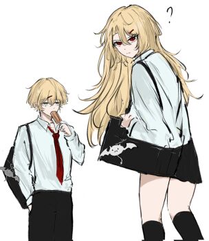 Rule 34 | 1boy, 1girl, ?, alternate costume, arm at side, bag, bandaid, bat ornament, belt, black bag, black belt, black skirt, black socks, closed mouth, collarbone, collared shirt, cross, cross earrings, don quixote (project moon), earrings, food, food in mouth, hair between eyes, hair intakes, hair ornament, hairclip, hand in pocket, hand up, hashtag-only commentary, highres, holding, holding food, holding popsicle, jewelry, kneehighs, limbus company, long hair, long sleeves, looking at another, looking at viewer, necktie, open collar, popsicle, popsicle in mouth, project moon, red eyes, red necktie, rugatu to, sancho (project moon), school uniform, shirt, shoulder bag, sinclair (project moon), skirt, slit pupils, socks, split mouth, tsurime, white background, white shirt, white sleeves, yellow eyes