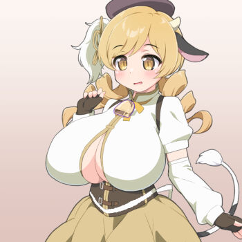 1girl alternate_breast_size_(larger) animal_ears bell blonde_hair breasts button_gap cow_ears cow_girl cow_horns cow_tail cowbell drill_hair highres horns huge_breasts light_blush mahou_shoujo_madoka_magica shirogane_hakuba shirt skirt solo tail tomoe_mami tomoe_mami_(magical_girl) twin_drills white_shirt yellow_eyes yellow_skirt