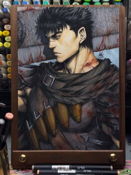 1boy armor berserk black_hair black_scarf blood bloody_weapon closed_mouth commentary dated dragonslayer_(sword) english_commentary facial_scar from_side guts_(berserk) highres huge_weapon marker_(medium) over_shoulder scar scar_on_cheek scar_on_face scar_on_neck scar_on_nose scarf shoulder_armor signature solo spiked_hair stanley_lau sword sword_over_shoulder thick_eyebrows traditional_media weapon weapon_over_shoulder