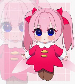 Rule 34 | 1girl, alt 0218, blush stickers, commentary request, dress, fairy, fairy wings, hair ribbon, highres, kirby (series), kirby 64, long sleeves, looking at viewer, nintendo, pink hair, red dress, red ribbon, ribbon, ribbon (kirby), smile, solo, twintails, wings