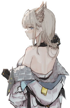 1girl arknights arknights:_endfield back bare_shoulders black_gloves blue_eyes coat commentary_request gloves grey_hair head_wings highres long_hair looking_back off_shoulder open_clothes open_coat opuricheri perlica_(arknights) profile simple_background solo white_background white_coat wings
