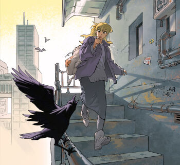 Rule 34 | 1girl, awning, backlighting, bag, bird, blonde hair, boots, building, city, crow, grey boots, grey leggings, grey sweater, highres, industrial pipe, jacket, leggings, long hair, looking at animal, medium skirt, morning, open mouth, original, outdoors, postiago, purple jacket, railing, skirt, solo, stairs, sunrise, sweater, toggles