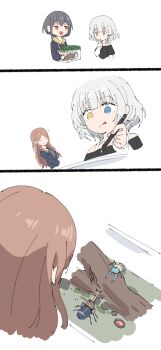 Rule 34 | 3girls, absurdres, bang dream!, bang dream! it's mygo!!!!!, beetle, blue eyes, blue hoodie, brown eyes, brown hair, brown shirt, bug, closed eyes, commentary, dated commentary, heterochromia, highres, hood, hood down, hoodie, insect, kaname raana, long hair, multiple girls, nagasaki soyo, open mouth, school uniform, shirt, short hair, sidelocks, takamatsu tomori, tsukinomori school uniform, white hair, yellow eyes, yzj21333