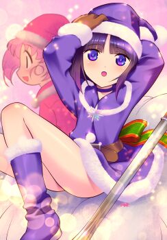 2girls :d arms_up belt bishoujo_senshi_sailor_moon black_hair blue_boots blue_choker blue_dress blue_eyes blue_hat blue_santa_costume boots brown_belt brown_gloves chibi_usa choker christmas dress fur-trimmed_boots fur-trimmed_dress fur-trimmed_headwear fur-trimmed_sleeves fur_trim gloves hat highres himehachi_(hime8manga) multiple_girls open_mouth pink_hair pink_hat pink_santa_costume pom_pom_(clothes) sack santa_costume santa_dress santa_hat short_hair sideways_mouth silence_glaive smile tomoe_hotaru