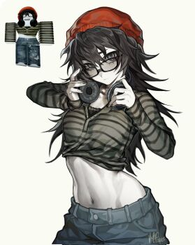 1girl 2025 adjusting_headphones artist_name baggy_pants beanie black-framed_eyewear black_hair black_nails black_shirt blue_pants breasts closed_mouth colored_skin commentary cowboy_shot crop_top cropped_shirt denim double-parted_bangs english_commentary glasses grey_eyes grey_shirt groin hair_between_eyes hair_flaps hands_up hat head_tilt headphones headphones_around_neck highres jeans lace lace-trimmed_shirt lace_trim long_hair long_sleeves looking_at_viewer mary_felizola midriff nail_polish navel pants player_character_(roblox) rectangular_eyewear red_hat reference_inset roblox shirt simple_background sleeves_past_wrists small_breasts solo standing striped_clothes striped_shirt tsurime two-tone_shirt upturned_eyes white_background white_skin