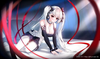 1girl absurdres artist_name azur_lane bare_shoulders between_breasts black_dress black_ribbon breasts cleavage clothing_cutout commentary_request cuffs dated dress formidable_(azur_lane) frilled_dress frills gem highres large_breasts long_hair looking_at_viewer necktie necktie_between_breasts pantyhose red_eyes red_gemstone red_ribbon ribbon shackles shoulder_cutout solo thunder-35 twintails two-tone_dress two-tone_ribbon very_long_hair white_dress white_hair white_pantyhose white_ribbon