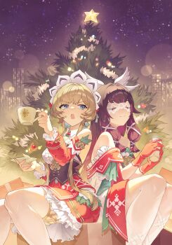 2girls absurdres alternate_costume bare_shoulders bell black_hair blue_eyes brown_hair christmas_ornaments christmas_star christmas_tree city closed_eyes closed_mouth columbina_(genshin_impact) commentary cup detached_sleeves dress english_commentary eye_mask fatui_logo feet_out_of_frame frilled_dress frilled_sleeves frills genshin_impact gloves hair_ribbon head_wings headdress highres holding holding_cup holding_saucer ingna236 long_hair mask mug multicolored_hair multiple_girls night open_mouth pink_hair red_gloves red_sleeves ribbon sandrone_(genshin_impact) saucer sitting star_(sky) two-tone_hair white_ribbon white_wings wings