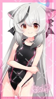 1girl adversarial_noise animal_ears artist_name black_hair black_one-piece_swimsuit blue_archive blue_halo breasts brown_eyes character_name competition_swimsuit cowboy_shot grey_hair halo highleg highleg_one-piece_swimsuit highres inaba_shiki kokona_(blue_archive) loli long_hair looking_at_viewer multicolored_hair multicolored_swimsuit one-piece_swimsuit small_breasts smile solo streaked_hair swimsuit tiger_ears tiger_girl watermark watermark_grid