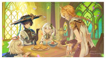 2boys 2girls absurdres aether_(genshin_impact) antenna_hair aqua_kimono aqua_sleeves armlet armor bare_shoulders black_bodysuit black_eyes black_hair black_pants black_scarf blonde_hair blue_cape blue_hat blunt_ends blush bodysuit bowl box bracelet braid bread bridal_gauntlets candied_ajilenakh_nut_(genshin_impact) cape chair closed_eyes closed_mouth cup dated detached_sleeves dress earrings eyelashes feather_earrings feather_hair_ornament feathers food genshin_impact gift gift_box gold gold_trim gradient_hair green_hair green_sleeves hair_between_eyes hair_ornament half_crown_braid halo han&#039;eri hand_on_own_arm hand_on_table hand_up happy_birthday hat highres japanese_armor japanese_clothes jewelry jingasa kimono kote kurokote lamp layered_clothes layered_kimono layered_sleeves leaf leaf_hair_ornament long_hair looking_at_another low-braided_long_hair low-tied_long_hair mandarin_collar mechanical_halo miaoyeza233 middle_eastern_architecture multicolored_hair multiple_boys multiple_girls nahida_(genshin_impact) open_clothes open_hand open_kimono open_mouth paimon_(genshin_impact) pants pauldrons plate pointy_ears purple_eyes rice romper scaramouche_(genshin_impact) scarf seaweed shimi_chazuke_(genshin_impact) short_hair short_sleeves shoulder_armor side_ponytail sidelocks single_pauldron smile soup table tilted_headwear vambraces wanderer_(genshin_impact) white_cape white_dress white_hair white_kimono white_romper white_sleeves window yellow_eyes