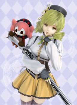 10s 1girl 3d beret blonde_hair breasts charlotte_(madoka_magica) corset detached_sleeves drill_hair fingerless_gloves gloves gun hair_ornament hat highres kanzeon large_breasts magical_girl mahou_shoujo_madoka_magica mahou_shoujo_madoka_magica_(anime) pleated_skirt ribbon skirt striped_clothes striped_thighhighs thighhighs tomoe_mami tomoe_mami_(magical_girl) vertical-striped_clothes vertical-striped_thighhighs weapon yellow_eyes