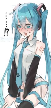 !? 1girl absurdres aqua_eyes aqua_hair aqua_necktie black_sleeves blue_eyes blush commentary detached_sleeves hair_between_eyes hatsune_miku headset highres long_hair looking_down necktie no_panties number_tattoo open_mouth see-through_clothes see-through_skirt shirt simple_background skirt sleeveless sleeveless_shirt solo sweat tattoo translation_request twintails uranosebi very_long_hair vocaloid white_background