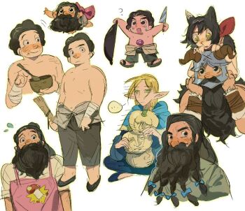 ... 1boy 2girls ? aged_down alternate_costume alternate_facial_hair apron beard beard_bow bowl braid braided_beard carrying chibi chibi_inset collage crossdressing derivative_work dungeon_meshi dwarf facial_hair fake_horns fat fat_man flying_sweatdrops helmet holding holding_bowl holding_knife horned_helmet horns izutsumi knife long_beard marcille_donato multiple_girls mustache open_mouth piggyback pink_apron pointing pointing_to_the_side pumpkin screenshot_redraw senshi_(dungeon_meshi) smile tangchao47 thick_mustache unamused unfinished very_long_beard wok