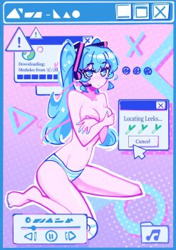 ! 1girl aqua_eyes aqua_hair aqua_nails commentary covering_breasts covering_privates dizzyisdizzy embarrassed english_commentary full_body hatsune_miku headset highres long_hair looking_at_viewer nail_polish navel panties sitting solo striped_clothes striped_panties toenail_polish toenails topless_female twintails underwear underwear_only user_interface vocaloid wariza window_(computing)