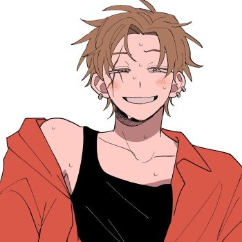 1boy black_tank_top blush brown_eyes brown_hair collarbone earrings facepaint futsuu_no_keion-bu grin half-closed_eyes highres inusuki_kogeta jacket jewelry male_focus parted_bangs red_jacket simple_background single_bare_shoulder single_off_shoulder smile solo sweat takami_ryuki tank_top upper_body white_background