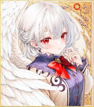 1girl angel_wings blush bow bowtie braid breasts brooch closed_mouth commentary_request dress feathered_wings grey_hair half_up_braid jacket jewelry kishin_sagume long_sleeves looking_at_viewer marker_(medium) open_clothes open_jacket pink_nails purple_dress red_bow red_bowtie red_eyes s.mamiya single_wing solo touhou traditional_media white_wings wings