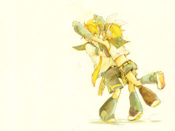 Rule 34 | 1boy, 1girl, :o, black leg warmers, black sailor collar, blonde hair, blue eyes, bow, bow headband, den, detached sleeves, glomp, hair ornament, hairclip, headphones, hug, kagamine len, kagamine rin, leg warmers, necktie, open mouth, ponytail, puffy sleeves, sailor collar, short hair, short ponytail, shorts, sleeveless, vocaloid, yellow necktie