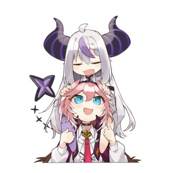 2girls blue_eyes carrying chibi choker closed_eyes collared_shirt commentary_request cropped_torso demon_girl demon_horns demon_tail fang grey_hair hands_on_another&#039;s_head head_wings hololive horns jacket la+_darknesss long_hair looking_up multicolored_hair multiple_girls necktie open_mouth pantyhose pink_hair purple_hair purple_pantyhose red_jacket red_necktie safai shirt shoulder_carry simple_background single_leg_pantyhose skin_fang smile streaked_hair striped_horns tail takane_lui takane_lui_(1st_costume) very_long_hair virtual_youtuber white_background white_shirt wings