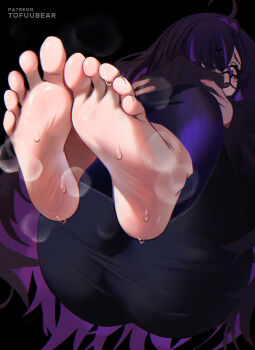 1girl ahoge ass barefoot black-framed_eyewear black_background black_cardigan black_dress black_hair book cardigan colored_inner_hair commentary dress english_commentary feet foot_focus glasses goddess_of_victory:_nikke hair_intakes hair_over_one_eye highres holding holding_book label_(nikke) long_dress long_hair mole mole_under_eye multicolored_hair open_mouth purple_eyes purple_hair purple_streaks simple_background smell soles solo steam toes tofuubear two-tone_hair very_long_hair